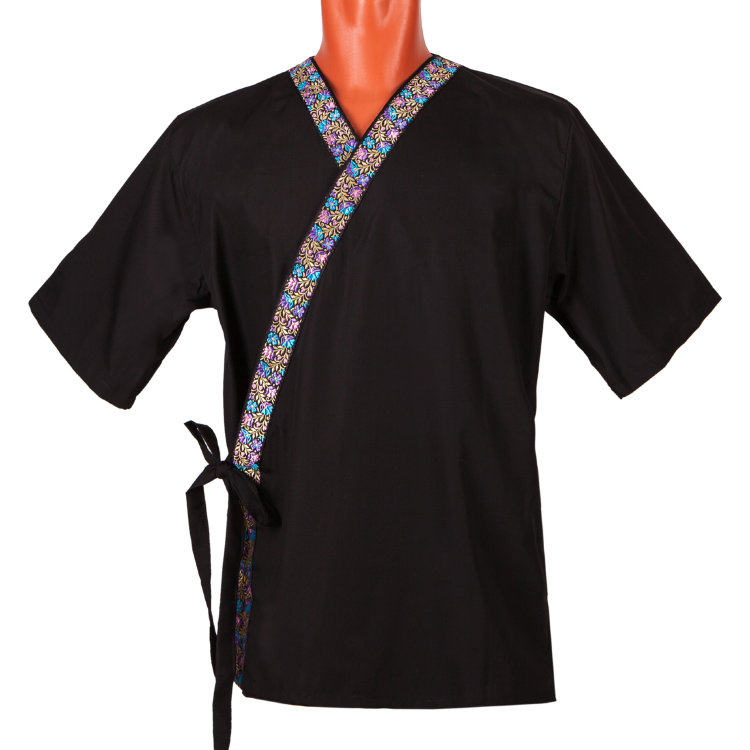 Блуза мужская на запахе с окантовкой. Азиатский стиль. ТС (черная, р-р L)