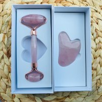 Набор из розового кварца, Роллер-массажер + скребок "Сердце" для массажа Гуаша, 145 x 55 x 20 мм (в коробке)
