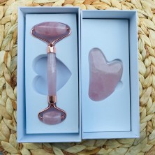 Набор из розового кварца, Роллер-массажер + скребок "Сердце" для массажа Гуаша, 145 x 55 x 20 мм (в коробке)